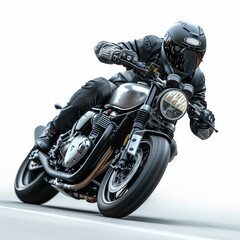 Sleek black motorbike racing with a focused rider