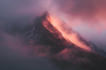 the peak of an alpine mountain, foggy, with pink and orange tones