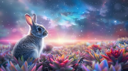 Fototapeta na wymiar A rabbit is sitting in a field of flowers. Scene is peaceful and serene, as the rabbit is surrounded by nature