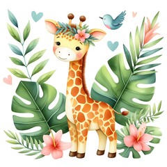 Fototapeta premium Watercolor cute baby giraffe and tropical leaves 