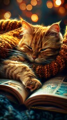 A cat is sleeping on a book with a sweater on it. The cat is curled up and he is very relaxed.