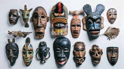 A collection of masks from different cultures and time periods - obrazy, fototapety, plakaty