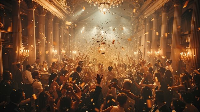 A grand ballroom filled with exuberant party-goers and cascading confetti, capturing a moment of joyous celebration, suitable for event and festive themes