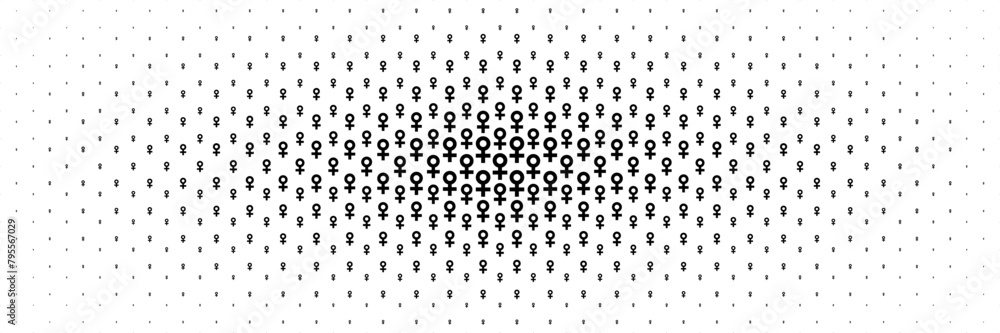Poster horizontal black halftone of woman sign spreading from center for pattern and background.