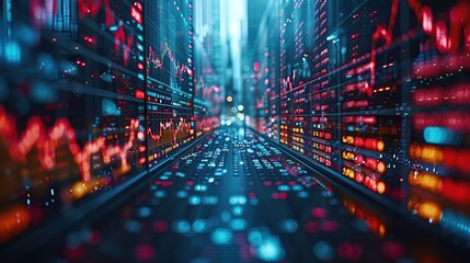 This image captures a dynamic stream of digital financial data, ideal for concepts of modern finance and technology, with potential use in financial analytics presentations and as a vibrant backdrop