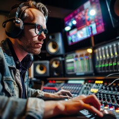 A man wearing headphones is working on a soundboard