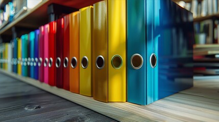 Rainbow array of colorful binders organized on office shelf