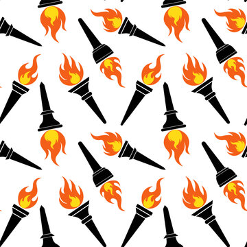 Burning torch seamless pattern on a white background. Background for sports competitions. Vector illustration, flat