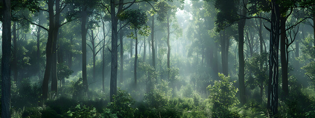 A dense forest with tall trees and sunlight filtering through the leaves, creating an enchanting atmosphere