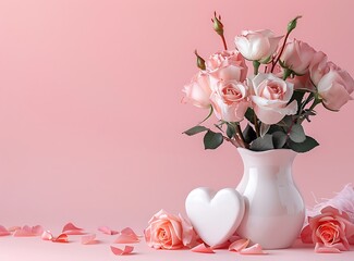 A pink roses bouquet in a white vase and a heart shaped gift box on a pink background