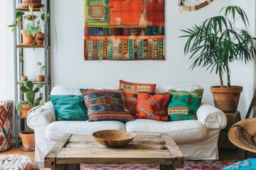 Bohemian-inspired eclectic decor against a soft transparent white surface, adding artistic flair