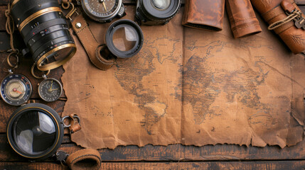 A map of the world is laid out on a wooden table with a variety of items including a compass, a pocket watch, and a pair of binoculars. Concept of adventure and exploration