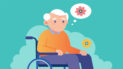Fototapeta premium An elderly man sits in a wheelchair his hands shaking as he struggles to speak. The narration reads Could longterm use of brain chips lead to.