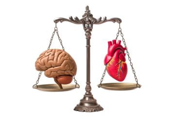 The human brain and heart are on scales isolated on a white background