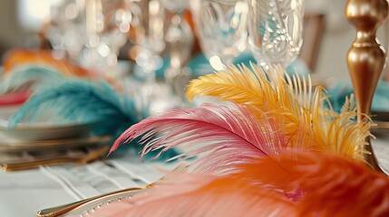 Boho chic feathers adding a pop of color and style to a white setting