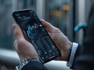 Trader Using Mobile Phone For Cryptocurrency Financial Market Analysis, On The Street, Future Digital Money Currency Concept