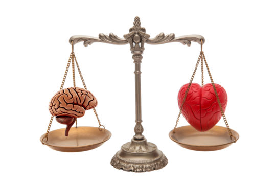 The human brain and heart are on scales isolated on a transparent background. Balance of heart and brain, emotions and logic
