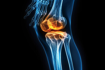 Human leg, x ray and knee on dark background with glow of bone for exam and 3D anatomy in healthcare. Futuristic infographic skeleton for medical research, learning and education of arthroplasty