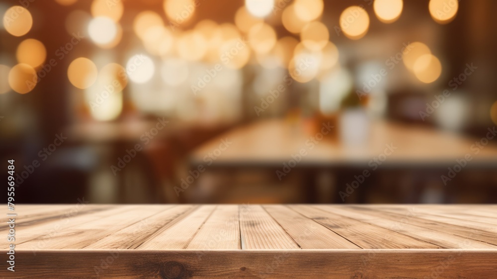 Poster the empty wooden table top with blur background of cafe. exuberant image. generative ai