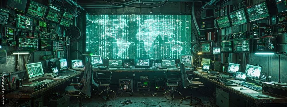 Poster a hacker's lair with multiple screens, one prominently displaying a halving countdown amidst chaotic