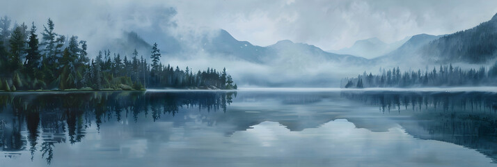a misty lake surrounded by forest and mountains, reflection on the water