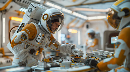 Astronauts Engaged in Spacecraft Maintenance Aboard Space Station