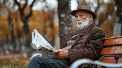 Fototapeta premium Senior reading newspaper on bench, elderly man reading newspaper in autumn park, retirement working relaxation eyeglasses technology