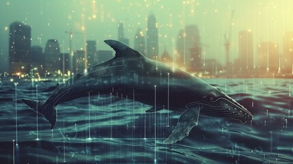 Double exposure business graph and whale in ocean with city lights in background, technology danger sea life aquatic silhouette