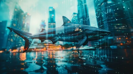 Double exposure business chart and shark in front of city skyline, reflection building exterior cityscape dark aggression