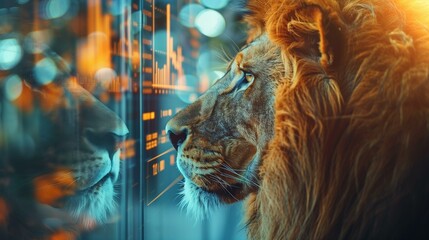Double exposure business charts and lion looking at screen, large portrait mane focus on foreground male animal