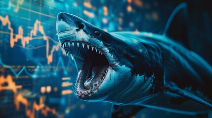 Double exposure business chart and shark mouth open, shark with its mouth open and its teeth showing, currency animal mouth human teeth spooky success