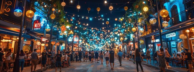 A lively street festival celebrating Bitcoin culture with a halving countdown stage set for a midnight celebration.