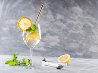 Hugo Spritz Cocktail Made with Sparkling Wine, Lemon, Mint and Elderflowers Syrup