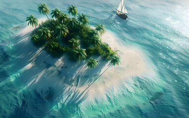 A top-down view of an island in the middle of the ocean, with palm trees and sandy beaches, and a small sailboat nearby