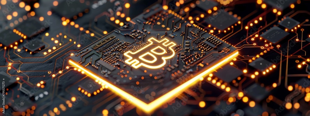 Poster a macro, detailed shot of a computer chip modified to mine bitcoin, with intricate details and light