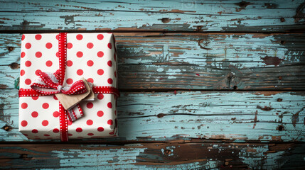 A white box with red polka dots and a red ribbon sits on a wooden surface. The wooden surface gives the scene a rustic, cozy feel
