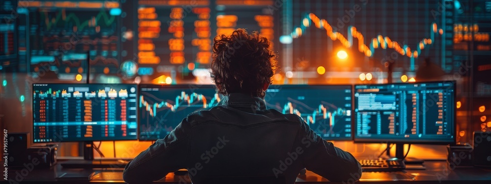 Poster a moody, atmospheric shot of a lone trader in a dark room lit only by multiple screens showing crypt
