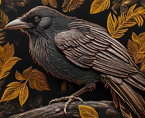 Fototapeta premium scratch art crow with leafs