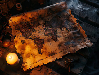 A vintage world map glows warmly under the flickering light of a nearby candle, suggesting...