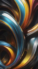 Abstract Colorful Swirls and Curves with Metallic Gloss on Dark Background in Digital Art Style