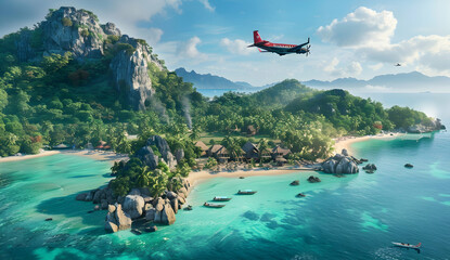 A plane flies over the tropical island of workout, surrounded by lush greenery and crystal clear...