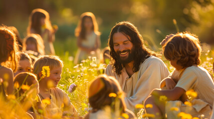 Jesus teaching and laughing with children in a sunny meadow, highlighting his kindness and approachability. , natural light, soft shadows, with copy space