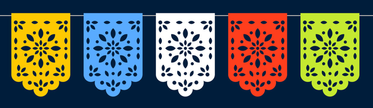 Mexican flag garland. Colorful cutout banner.Template Papel Picado on dark blue background. Set of papel picado template. Sample of papel picado for Mexican festival.