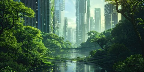 a utopian cityscape where technology and nature coexist in perfect harmony, with sleek skyscrapers seamlessly integrated into lush greenery, creating an urban oasis that inspires awe and wonder