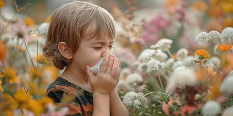 A small child covers his nose due to an allergy to flowers. Generative AI