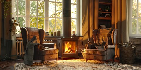 an inviting ambiance with a stock photo of a cozy living room featuring a crackling fireplace, comfortable armchairs, and soft throws, perfect for a relaxing evening at home