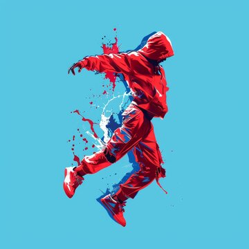 energetic and dynamic illustration of a man performing an element of breakdancing and parkour with movements and flashes of light. Concept: youth cultural events, sports equipment. grunge style