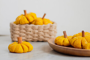 Pumpkin Shaped Bread. Autumn, Styled Composition with Neutral Colours.