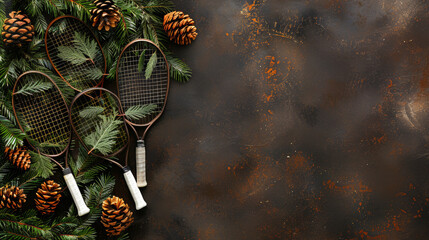 A tennis racket is surrounded by pine needles and is the center of attention. The pine needles are scattered around the racket, creating a festive and natural atmosphere
