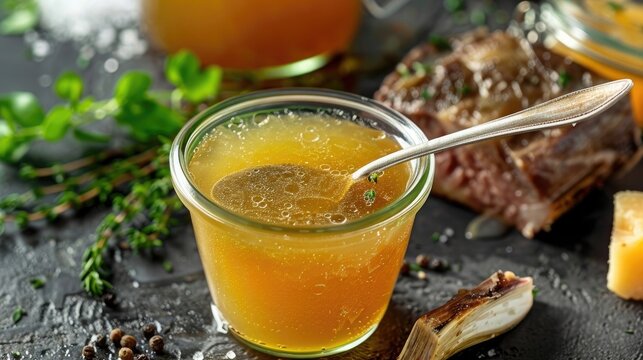 Chilled jellied beef bone broth on a spoon, with a glass jar full of broth in the background